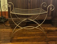 Vintage Wood Vanity Bench with Curved Back and Upholstered Tapestry Seat — listing 5