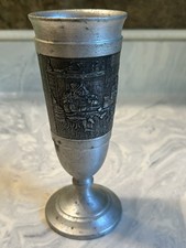 Vintage German Pewter Footed Goblet with Relief Tavern Scene