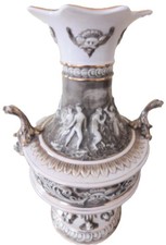 Pair of Italian Capodimonte-Style Covered Urns with Figural Cherub Finials and Relief Putti Scenes — listing 6