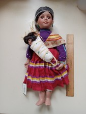 Porcelain Native American Girl Doll in Beaded White Buckskin Dress with Stand — listing 6