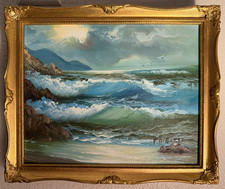 Original Oil Painting of Coastal Seascape with Driftwood, Ornate Black Frame — listing 4