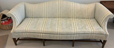 1920s Duncan Phyfe Style Sofa with Carved Mahogany Scroll Arms and Striped Upholstery