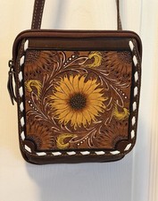 Hand-Tooled Embossed Leather Crossbody Bucket Bag with Multicolor Floral/Sun Motif — listing 3