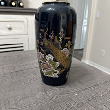 Vintage Japanese Black Lacquer-Style Porcelain Vase with Peacock and Floral Decoration, Gold Rim — listing 5