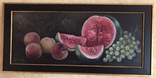 Framed Still Life Print with Watermelon, Fruit Basket and Oriole Bird
