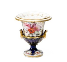 Early 19th Century English Porcelain Campana Urn with Imabari-Style Hand-Painted Decoration and Gilt Mask Handles