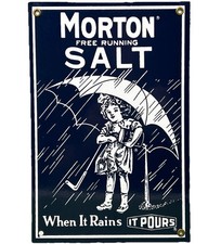 Morton Salt "When It Rains It Pours" Umbrella Girl Porcelain Enamel Sign (Reproduction) — listing 3