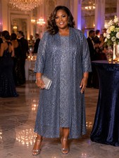 Women's Slate Blue Sequin Lace Long Duster Cardigan/Kimono, Open Front