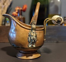 Antique Brass Coal Scuttle Hod with Delft-Style Blue & White Ceramic Handles