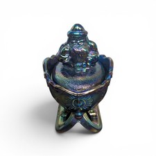 Westmoreland Blue Carnival Glass Covered Santa Claus Candy Dish on Pedestal Feet — listing 5