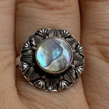 Costume Cocktail Ring with Round Abalone/Mother-of-Pearl Cabochon and Beaded Silver-Tone Setting — listing 3
