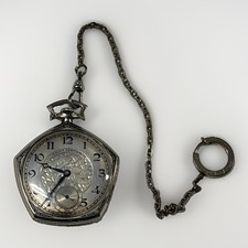 Gruen VeriThin Gold-Filled Open-Face Pocket Watch with Floral Engraved Dial and Chain — listing 4