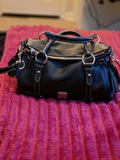 Black Leather Satchel Handbag with Contrast Brown Trim and Brass Hardware — listing 5