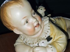 Antique Bisque Porcelain Piano Baby Figurine, Crawling Child in Nightgown with Blue Rattle — listing 2