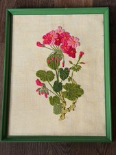 Vintage Hand-Embroidered Floral Still Life on Black Fabric, Framed Under Glass