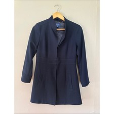 Navy Blue Collarless Tailored Blazer Jacket with Textured Weave — listing 4