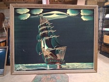 Vintage Black Velvet Seascape Oil Painting with Carved Wood Frame — listing 6