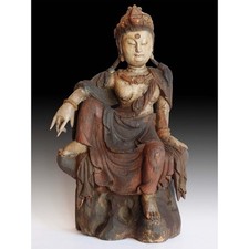 Antique Chinese Carved Wood Foo Dog / Guardian Lion with Brocade Ball on Wooden Base — listing 3