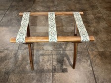 Vintage Folding Wood Luggage Rack with Green & Pink Striped Webbing Straps — listing 3