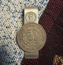 Vintage Mexican Alpaca Silver Money Clip with Crushed Turquoise Inlay Sun Face