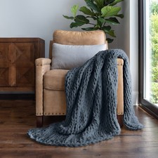 Handmade Chunky Knit Blanket, Magenta Cotton Tube Yarn Throw Twin — listing 4