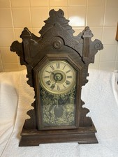 Antique Pressed Oak Gingerbread Mantel Clock with Roman Numeral Dial — listing 3