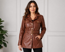 Ladies Brown Faux Leather Strap Watch with Large Cream Roman Numeral Dial — listing 3