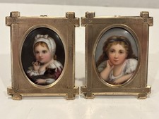 Antique Hand-Painted Porcelain Portrait Miniature of Two Women in Landscape, Oval Ebonized Frame — listing 5