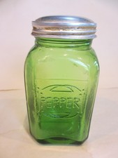Vintage Hazel-Atlas Green Depression Glass Salt Shaker with Perforated Metal Lid, 4 inches tall — listing 2