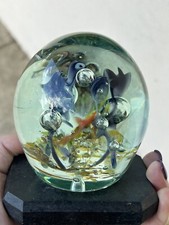 Art Glass Paperweight, Blue & Orange Layered Flower Design with Concave Top — listing 6