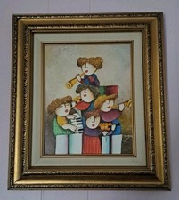 Whimsical Figural Painting of Two Musicians on Canvas, Signed — listing 5