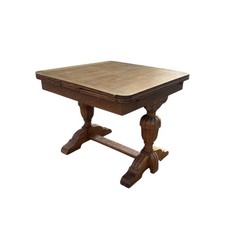 Antique 1920s-1930s Carved Walnut Trestle-Base Draw-Leaf Dining Table with Turned Stretcher and Scroll Feet — listing 2