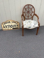 Ethan Allen Georgian-Style Gainsborough Library Armchair with Mahogany Carved Frame and Gold Striped Silk Upholstery — listing 2