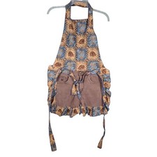 upcycled apron handmade Handmade Upcycled Denim Apron with Eyelet Lace Trim and Fabric Appliqués — listing 5