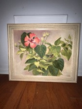 Framed Original Red Hibiscus Floral Painting, Signed