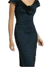 Tadashi Shoji Navy Blue Ruched Chiffon Rosette Mermaid Gown, Size 4 — listing 3