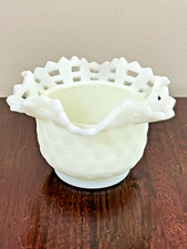 Fenton Custard Satin Glass Open Lace Edge Basket Weave Bowl, 5 inches — listing 5