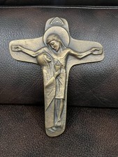 Vintage Mid-Century Modernist Bronze Crucifix on Brass and Cherry Wood Cross — listing 6