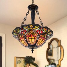 Vintage Spanish Revival Six-Panel Stained Slag Glass Pendant Lamp with Gilt Scrollwork — listing 6
