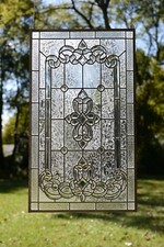 Beveled Glass Elongated Octagon Panel with Etched Starburst and Mounting Hole — listing 5