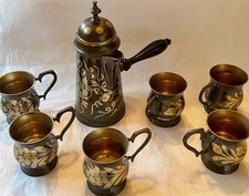 Vintage Brass Engraved Miniature Coffee/Tea Set with Tray, Coffeepot, Sugar Bowl and 4 Goblets — listing 6