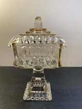 Vintage Pressed Glass Square Pedestal Covered Compote / Wedding Box with Steeple Finial — listing 6