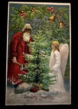 Antique 1909-1910 Embossed Christmas Postcard - Old World Santa Claus in Red Robe with Drum and Holly, Gold Background, Postally Used — listing 3