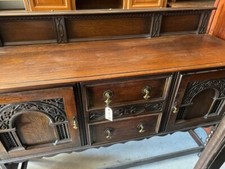Antique English Oak Mirror-Back Sideboard with Barley Twist Columns, Dark Brown Finish — listing 5