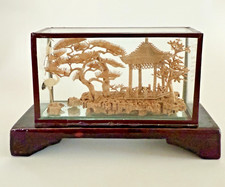 Vintage Chinese Carved Cork Diorama with Pagoda, Junk Boat and Landscape in Black Lacquer Frame, listing 6