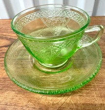 Federal Glass Green Uranium Vaseline Glass Cup and Saucer, Optic Panel Pattern, 3.5" Cup / 5" Saucer
