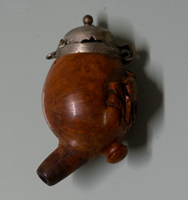 Antique German Carved Wood Hunter's Tobacco Pipe with Hinged Metal Wind Cap