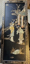 Vintage Chinese Black Lacquer Wall Panel with Carved Mother-of-Pearl Soapstone Figures — listing 2