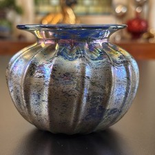Hand-Blown Cobalt Blue Iridescent Art Glass Vase with Floral Design, Signed H.AT 00 — listing 2