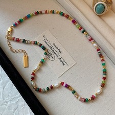 Handmade Multicolor Beaded Statement Necklace with Acrylic Rondelles and Silver Spacers — listing 2